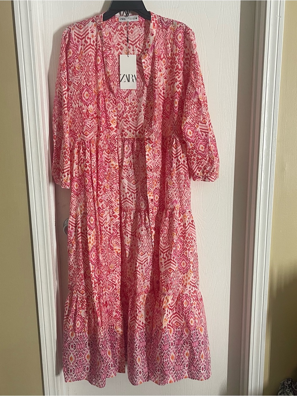 Zara Womens Pink Orange Ikat Print Tiered maxi Dress 9878/094/046 Large NWT - Picture 2 of 11